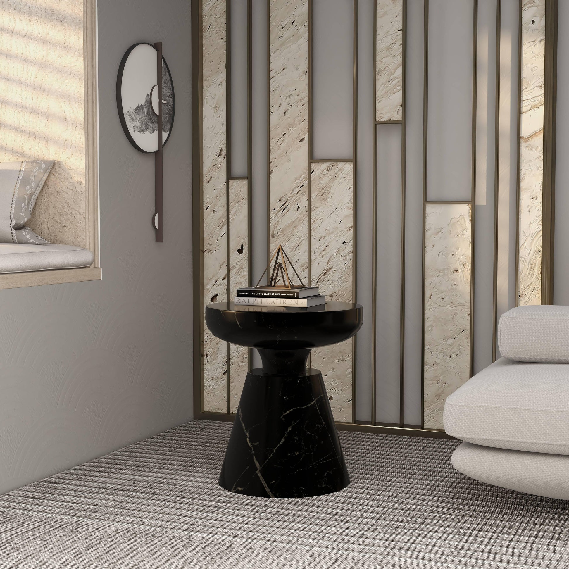 Isle Minimalist Side Table with Round Fiberstone Tabletop Accent Table and Pedestal Base - Elax Furniture