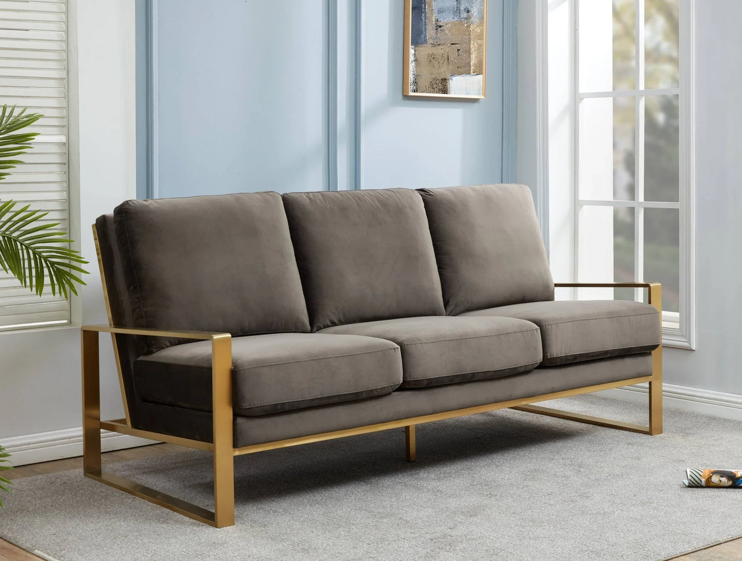Jefferson 3-Seater Velvet/Leather Full Size Sofa in Stainless Steel - Elax Furniture
