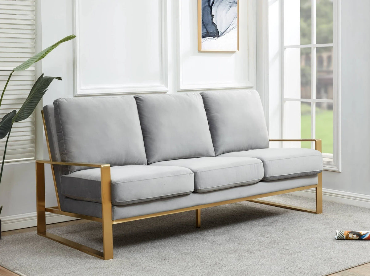 Jefferson 3-Seater Velvet/Leather Full Size Sofa in Stainless Steel - Elax Furniture