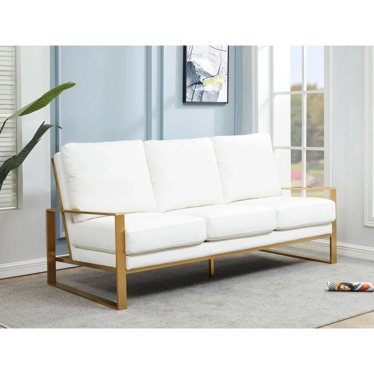 Jefferson 3-Seater Velvet/Leather Full Size Sofa in Stainless Steel - Elax Furniture