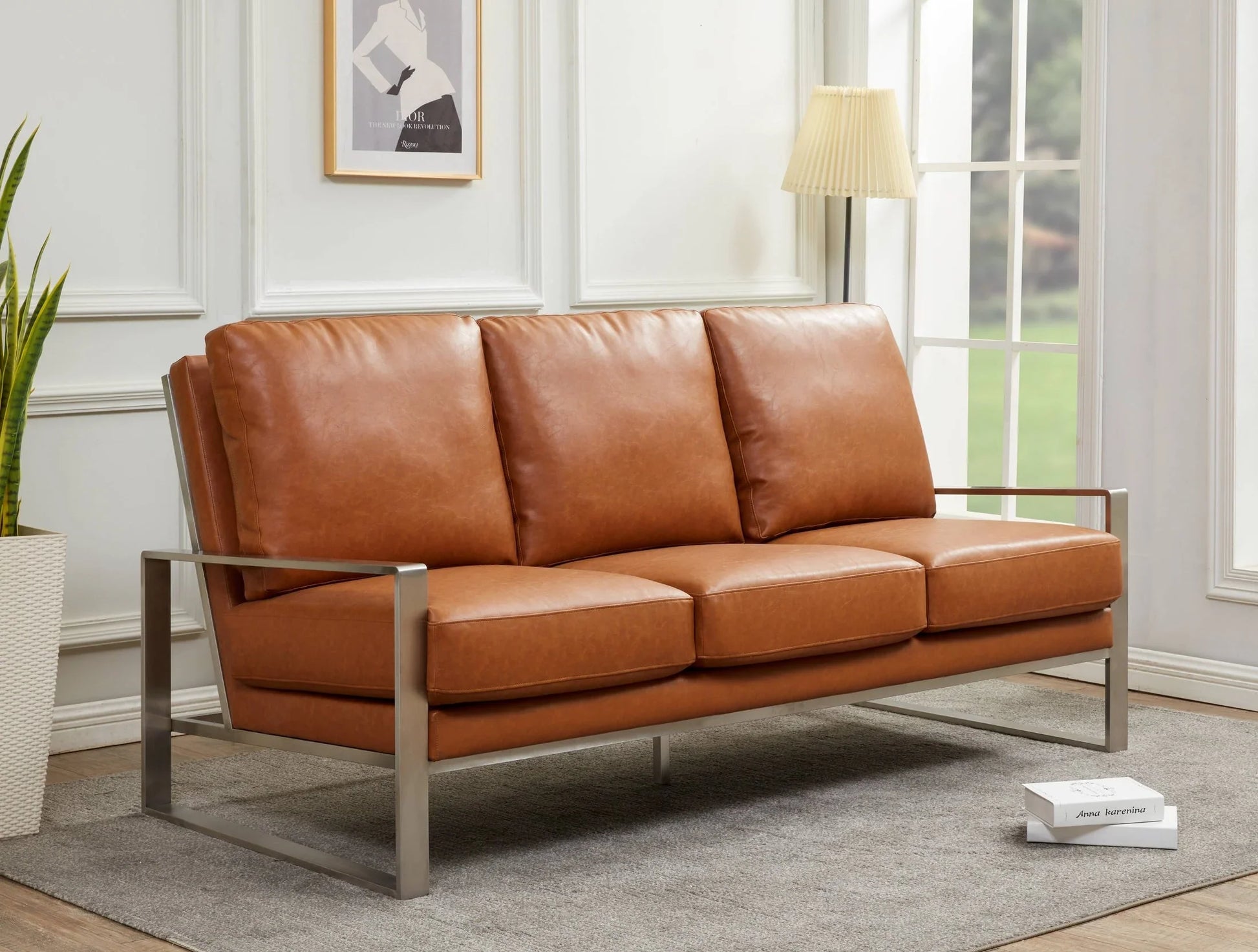 Jefferson 3-Seater Velvet/Leather Full Size Sofa in Stainless Steel - Elax Furniture