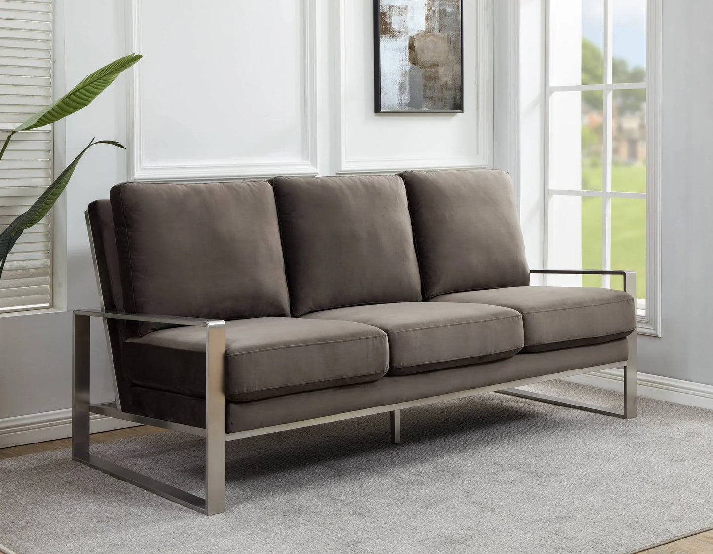 Jefferson 3-Seater Velvet/Leather Full Size Sofa in Stainless Steel - Elax Furniture