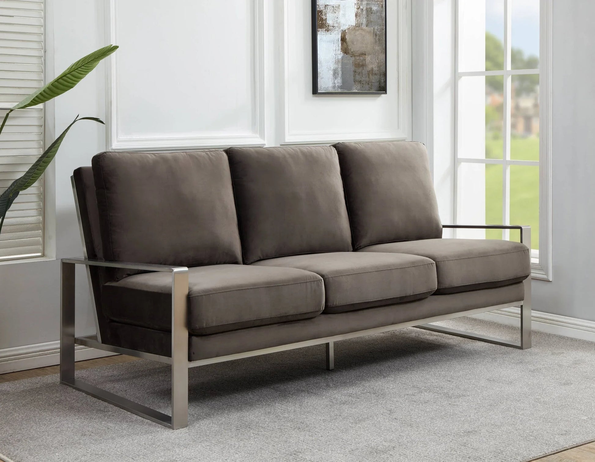 Jefferson 3-Seater Velvet/Leather Full Size Sofa in Stainless Steel - Elax Furniture