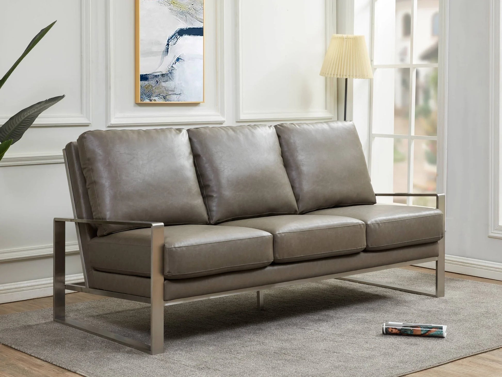 Jefferson 3-Seater Velvet/Leather Full Size Sofa in Stainless Steel - Elax Furniture