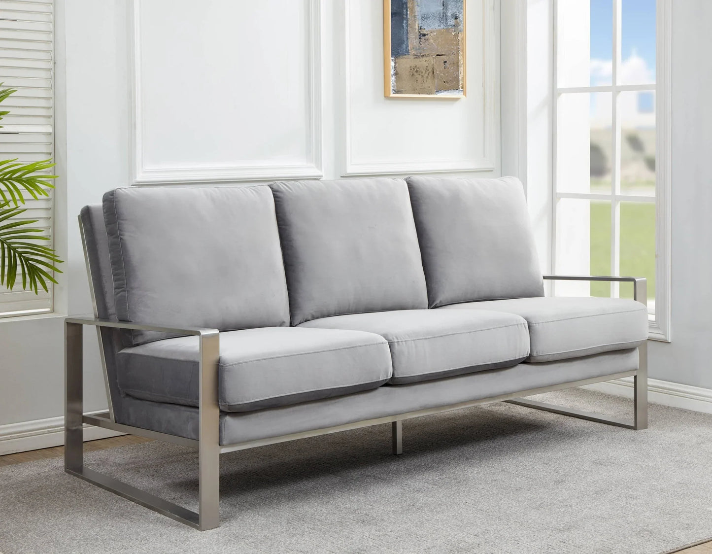 Jefferson 3-Seater Velvet/Leather Full Size Sofa in Stainless Steel - Elax Furniture
