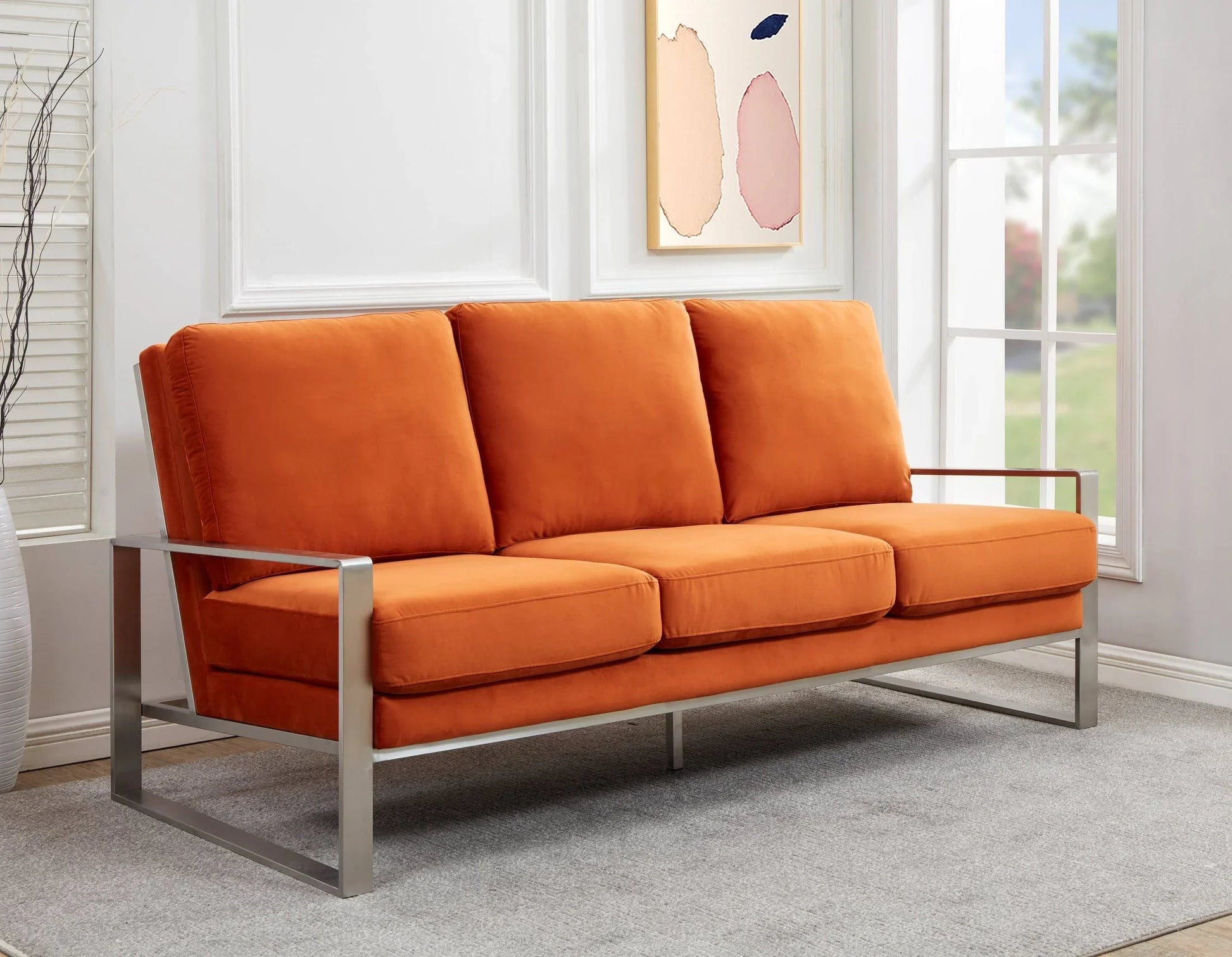 Jefferson 3-Seater Velvet/Leather Full Size Sofa in Stainless Steel - Elax Furniture