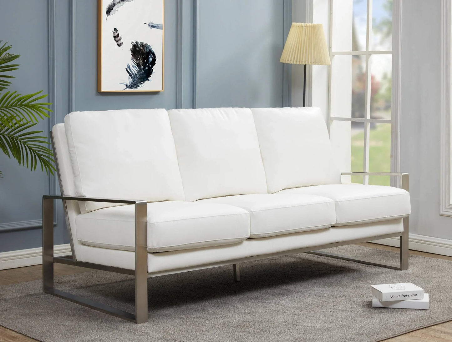 Jefferson 3-Seater Velvet/Leather Full Size Sofa in Stainless Steel - Elax Furniture