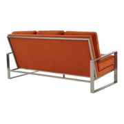 Jefferson 3-Seater Sofa Upholstered in Velvet/Leather with Gold/Silver Steel Base Velvet Silver Orange Sofa Leisuremod