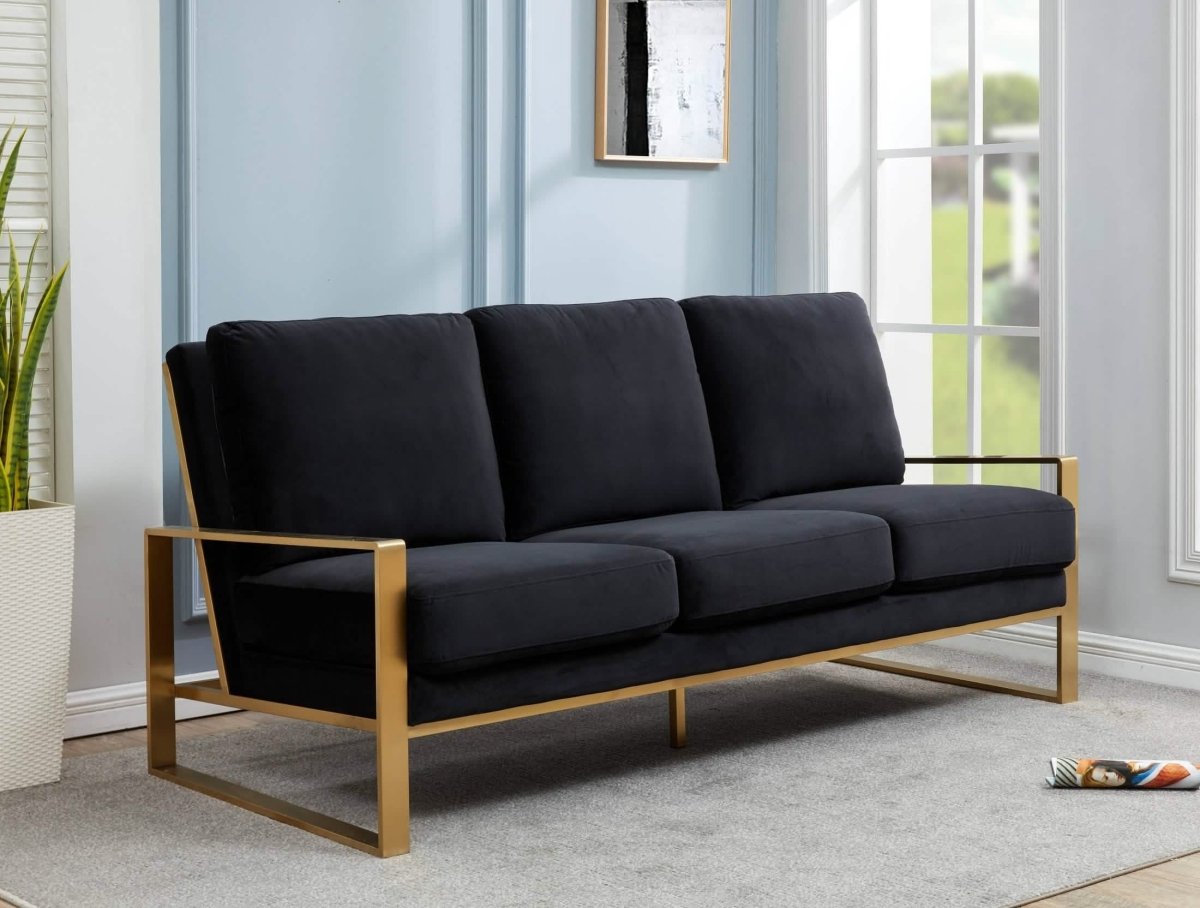Jefferson 3-Seater Sofa Upholstered in Velvet/Leather with Gold/Silver Steel Base Velvet Gold Black Sofa Leisuremod