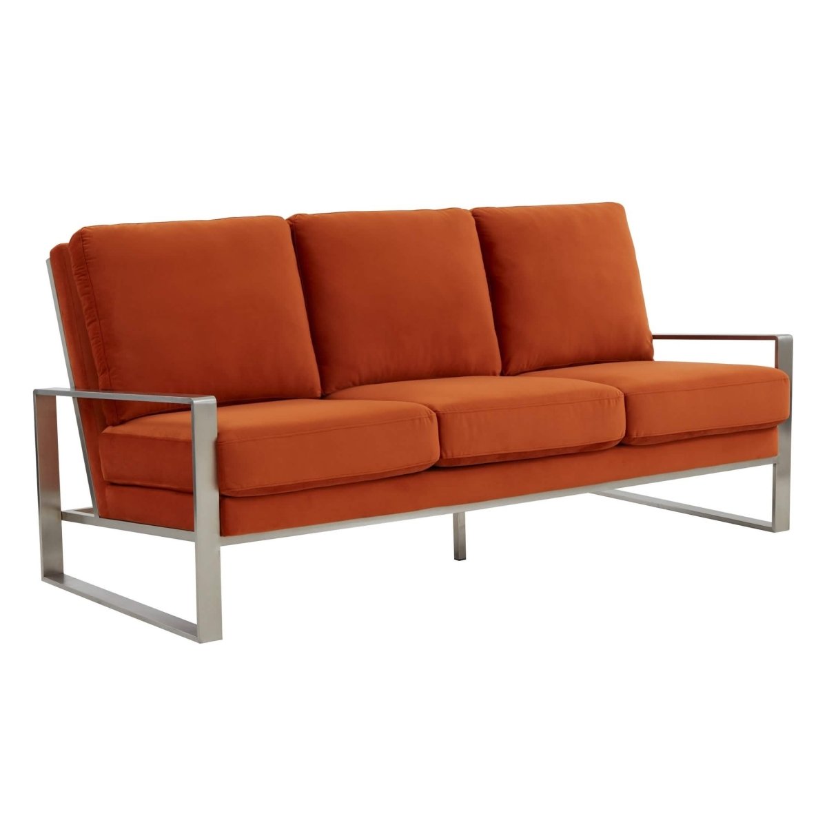 Jefferson 3-Seater Sofa Upholstered in Velvet/Leather with Gold/Silver Steel Base Velvet Silver Orange Sofa Leisuremod