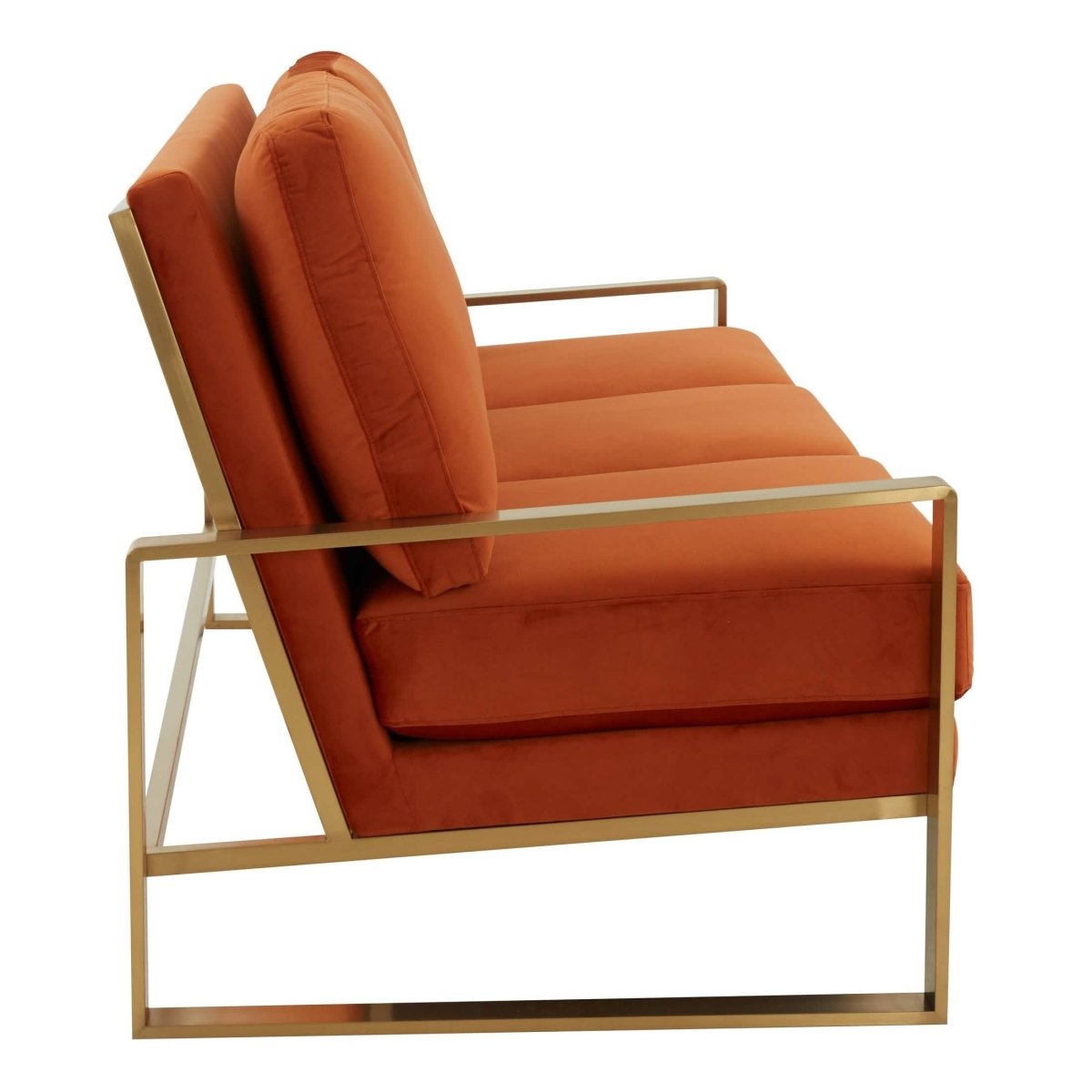 Jefferson 3-Seater Sofa Upholstered in Velvet/Leather with Gold/Silver Steel Base Velvet Gold Orange Sofa Leisuremod