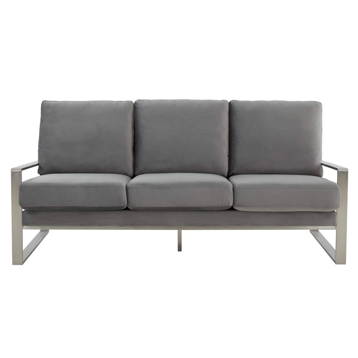 Jefferson 3-Seater Sofa Upholstered in Velvet/Leather with Gold/Silver Steel Base Velvet Silver Light Grey Sofa Leisuremod