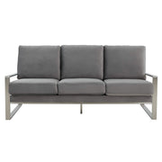 Jefferson 3-Seater Sofa Upholstered in Velvet/Leather with Gold/Silver Steel Base Velvet Silver Light Grey Sofa Leisuremod