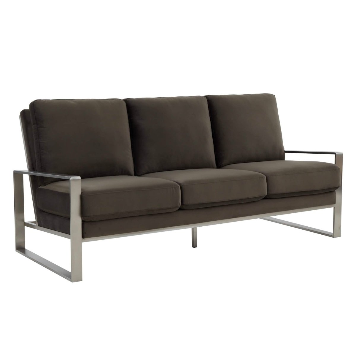 Jefferson 3-Seater Sofa Upholstered in Velvet/Leather with Gold/Silver Steel Base Velvet Silver Dark Grey Sofa Leisuremod