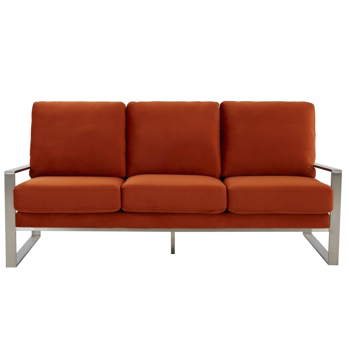 Jefferson 3-Seater Sofa Upholstered in Velvet/Leather with Gold/Silver Steel Base Velvet Silver Orange Sofa Leisuremod