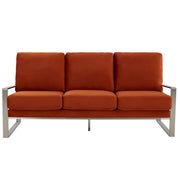 Jefferson 3-Seater Sofa Upholstered in Velvet/Leather with Gold/Silver Steel Base Velvet Silver Orange Sofa Leisuremod