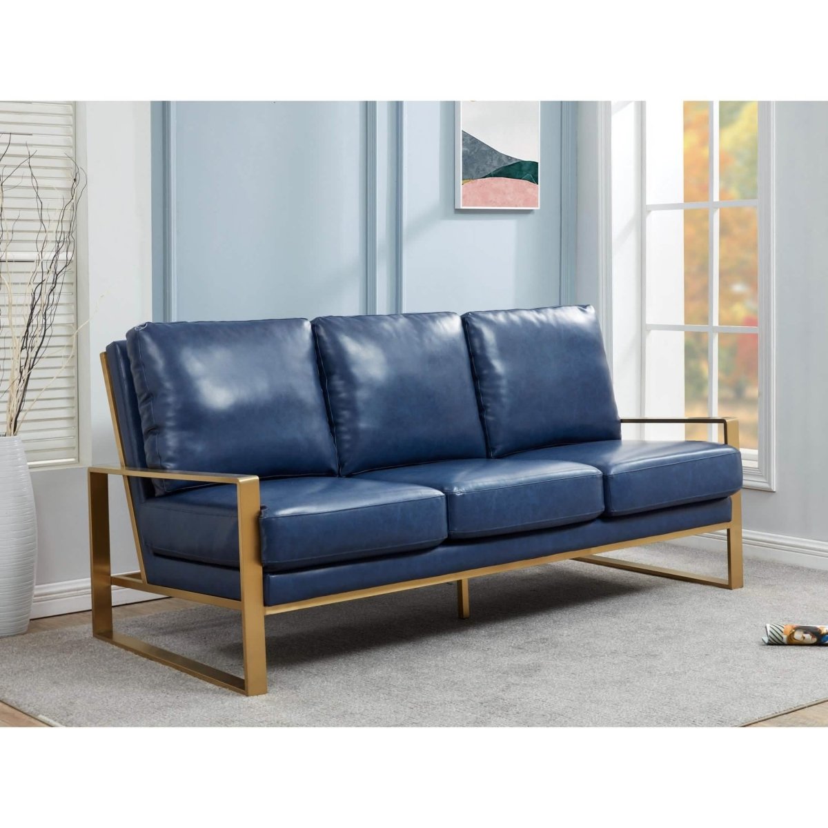 Jefferson 3-Seater Sofa Upholstered in Velvet/Leather with Gold/Silver Steel Base Leather Gold Navy Blue Sofa Leisuremod