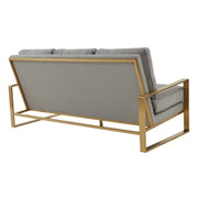 Jefferson 3-Seater Sofa Upholstered in Velvet/Leather with Gold/Silver Steel Base Velvet Gold Light Grey Sofa Leisuremod