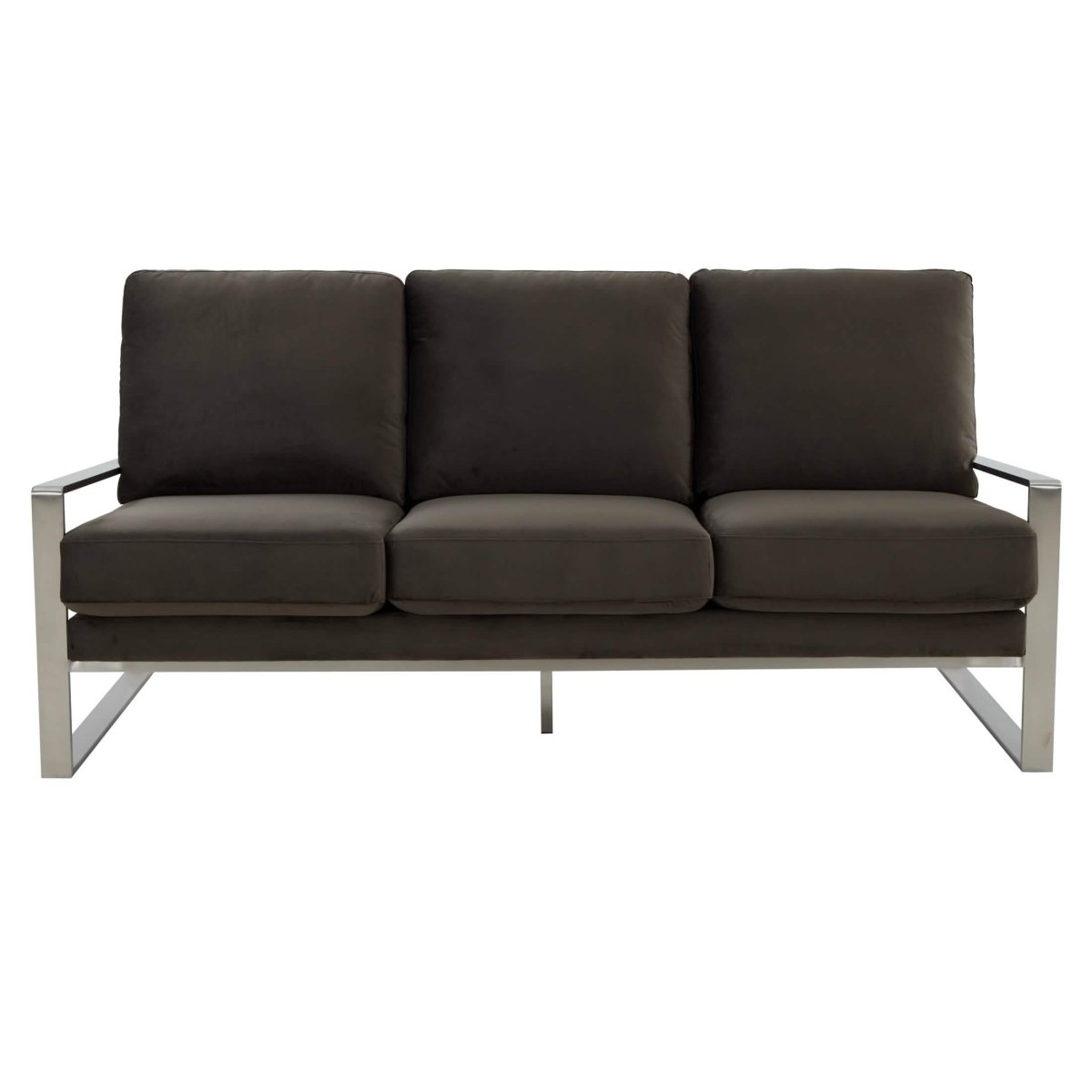 Jefferson 3-Seater Sofa Upholstered in Velvet/Leather with Gold/Silver Steel Base Velvet Silver Dark Grey Sofa Leisuremod