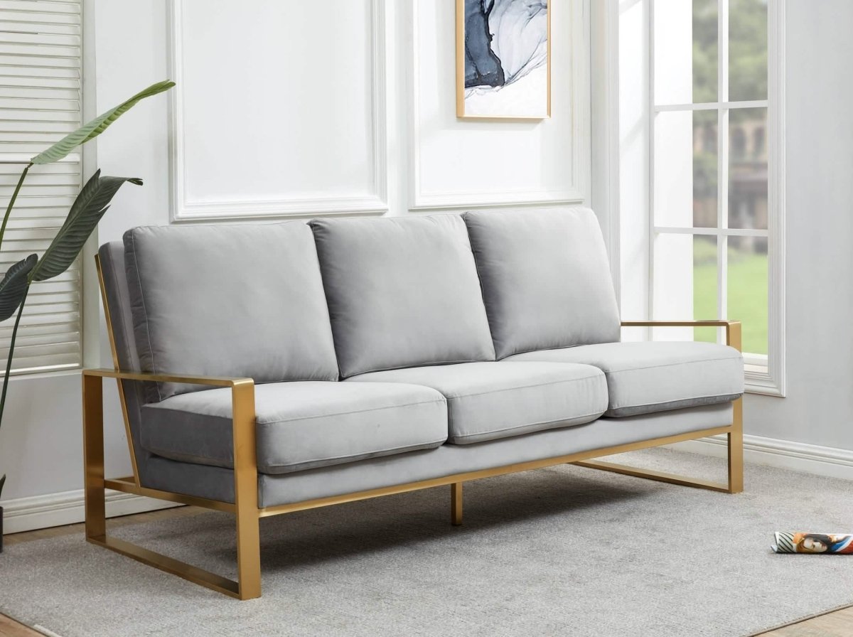 Jefferson 3-Seater Sofa Upholstered in Velvet/Leather with Gold/Silver Steel Base Velvet Gold Light Grey Sofa Leisuremod