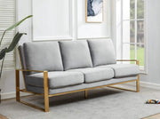 Jefferson 3-Seater Sofa Upholstered in Velvet/Leather with Gold/Silver Steel Base Velvet Gold Light Grey Sofa Leisuremod