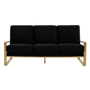 Jefferson 3-Seater Sofa Upholstered in Velvet/Leather with Gold/Silver Steel Base Velvet Gold Black Sofa Leisuremod