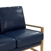 Jefferson 3-Seater Sofa Upholstered in Velvet/Leather with Gold/Silver Steel Base Leather Gold Navy Blue Sofa Leisuremod