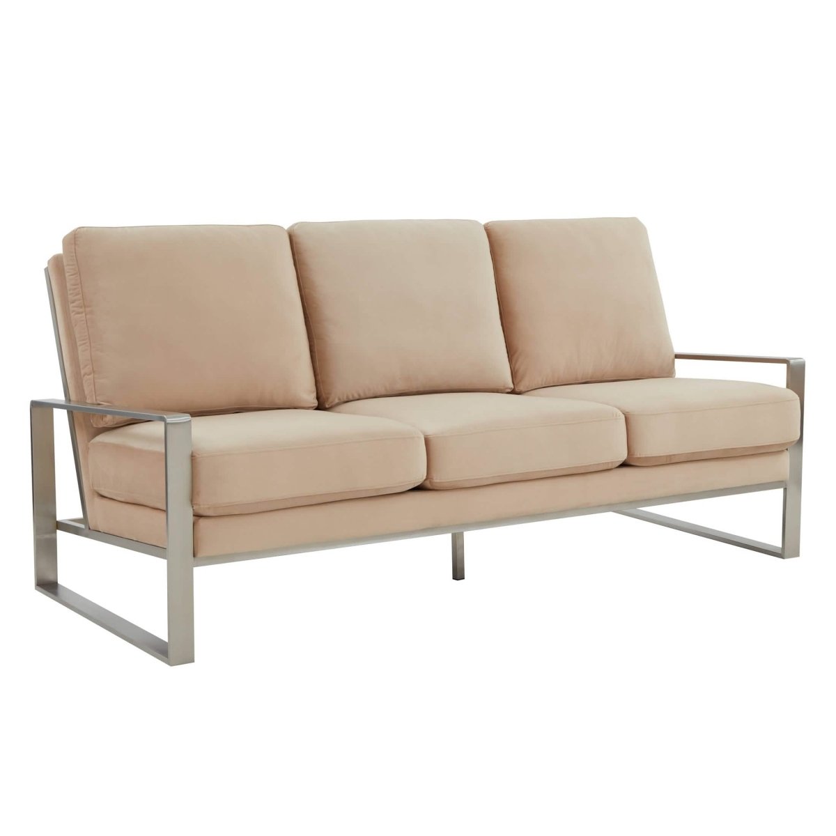Jefferson 3-Seater Sofa Upholstered in Velvet/Leather with Gold/Silver Steel Base Velvet Silver Beige Sofa Leisuremod