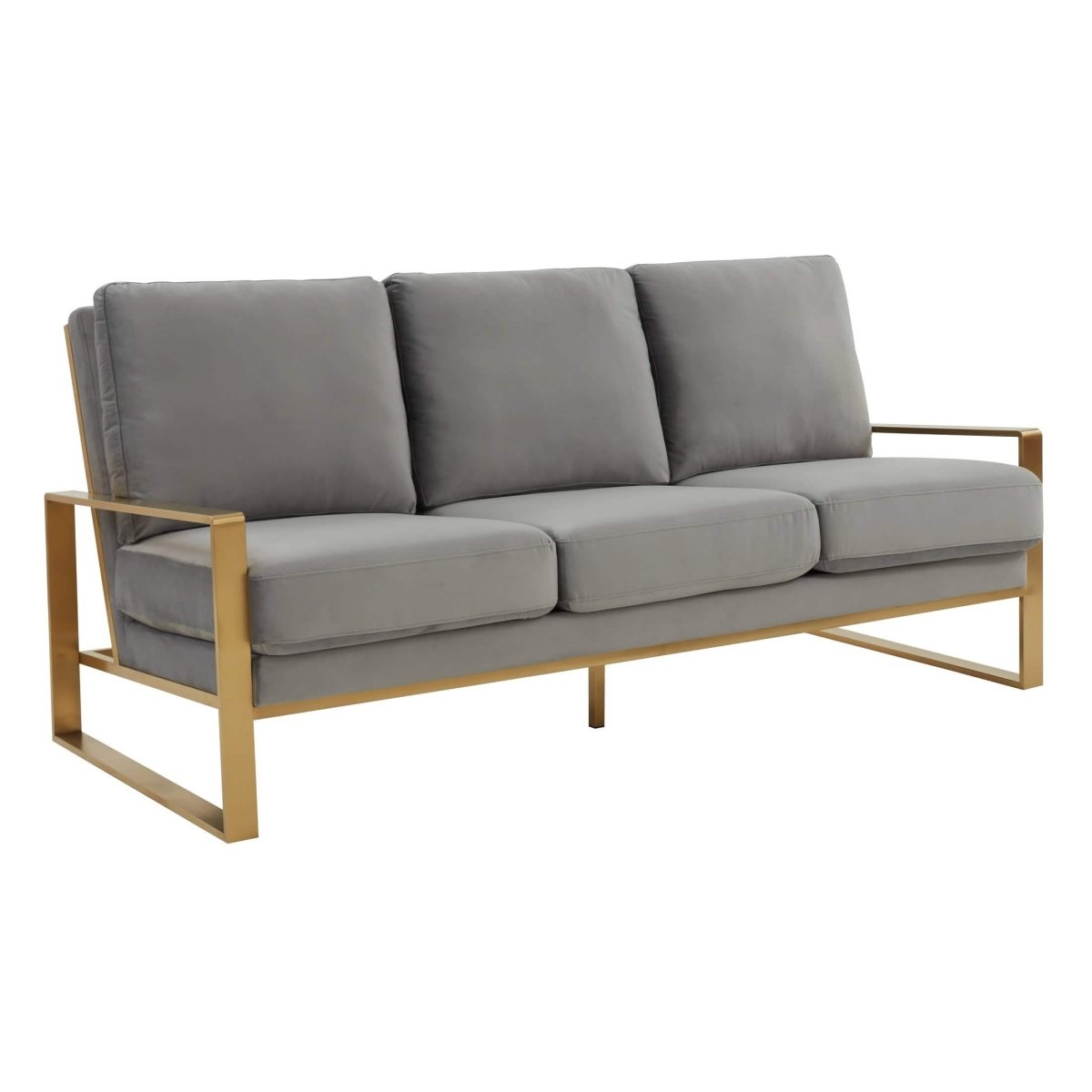 Jefferson 3-Seater Sofa Upholstered in Velvet/Leather with Gold/Silver Steel Base Velvet Gold Light Grey Sofa Leisuremod