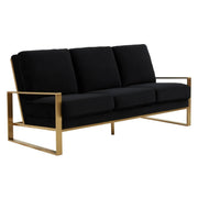 Jefferson 3-Seater Sofa Upholstered in Velvet/Leather with Gold/Silver Steel Base Velvet Gold Black Sofa Leisuremod