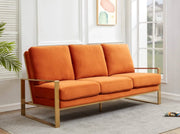Jefferson 3-Seater Sofa Upholstered in Velvet/Leather with Gold/Silver Steel Base Velvet Gold Orange Sofa Leisuremod