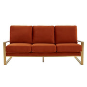 Jefferson 3-Seater Sofa Upholstered in Velvet/Leather with Gold/Silver Steel Base Velvet Gold Orange Sofa Leisuremod