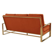 Jefferson 3-Seater Sofa Upholstered in Velvet/Leather with Gold/Silver Steel Base Velvet Gold Orange Sofa Leisuremod