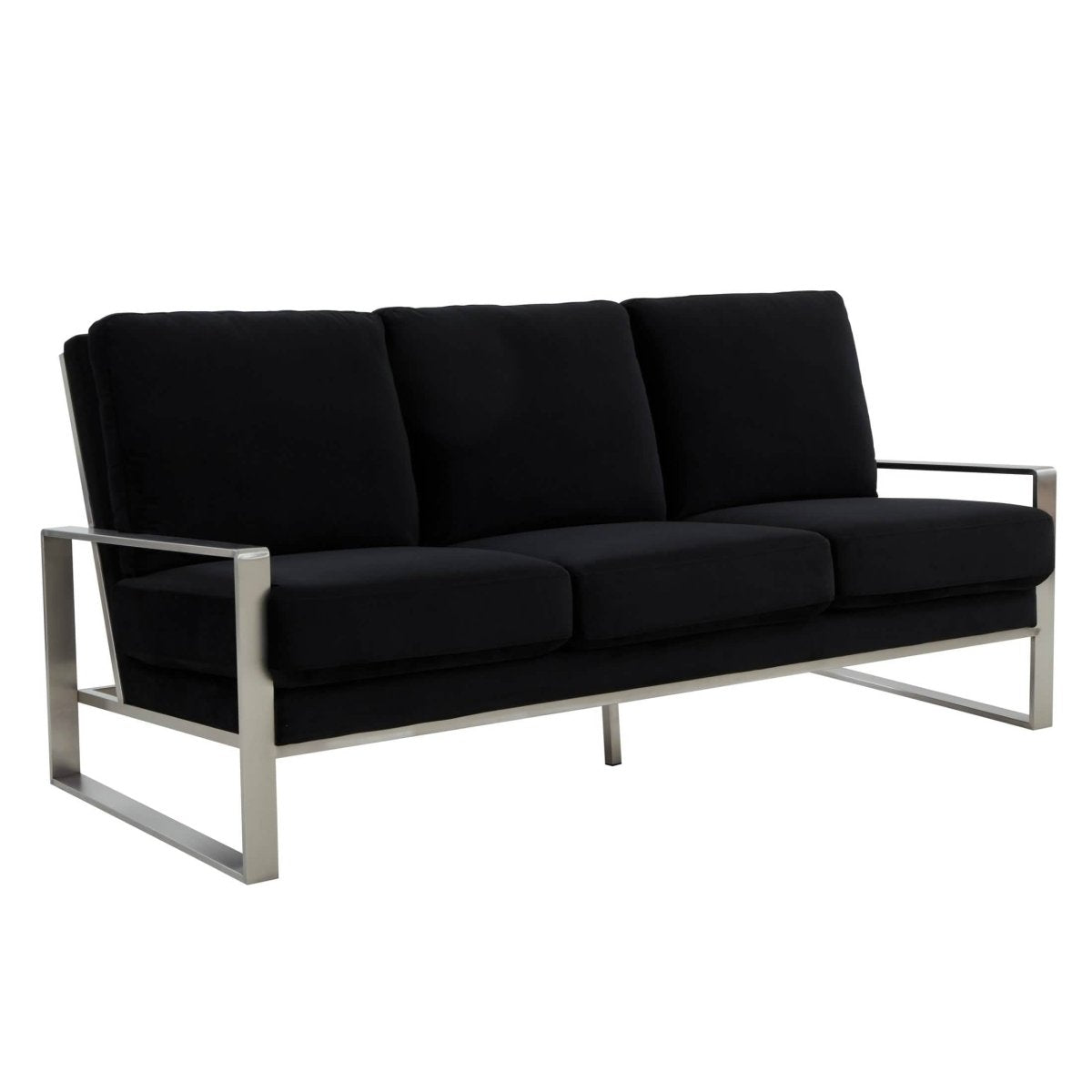 Jefferson 3-Seater Sofa Upholstered in Velvet/Leather with Gold/Silver Steel Base Velvet Silver Black Sofa Leisuremod