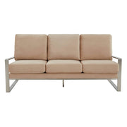 Jefferson 3-Seater Sofa Upholstered in Velvet/Leather with Gold/Silver Steel Base Velvet Silver Beige Sofa Leisuremod
