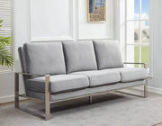 Jefferson 3-Seater Sofa Upholstered in Velvet/Leather with Gold/Silver Steel Base Velvet Silver Light Grey Sofa Leisuremod