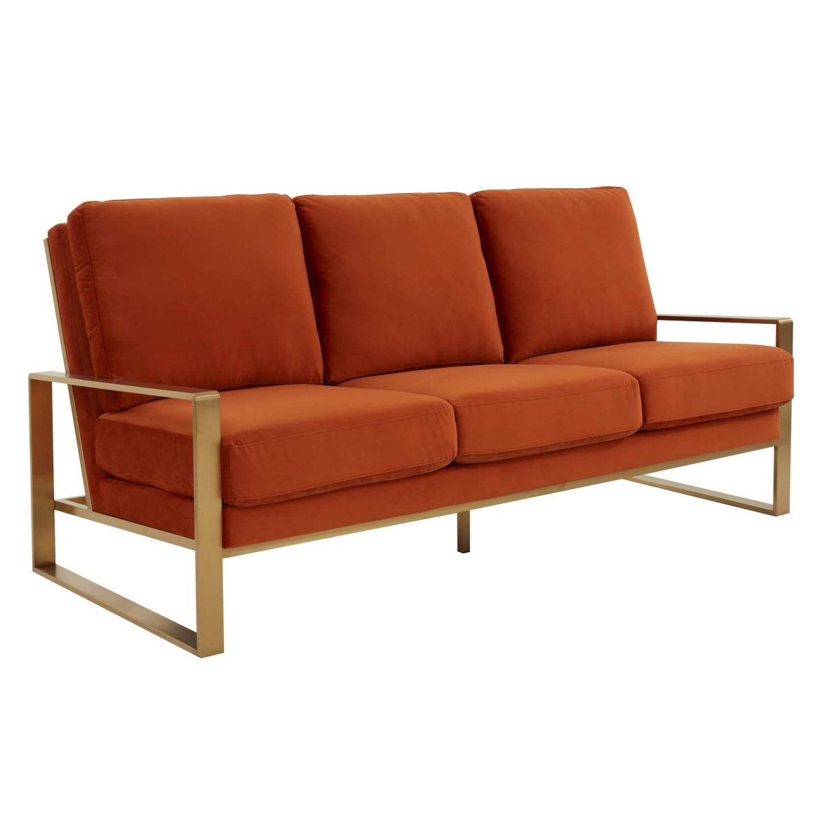 Jefferson 3-Seater Sofa Upholstered in Velvet/Leather with Gold/Silver Steel Base Velvet Gold Orange Sofa Leisuremod
