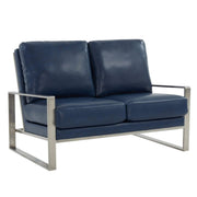 Jefferson Contemporary Velvet/Leather Loveseat with Stainless Steel Frame Leather Silver Navy Blue Sofa Leisuremod