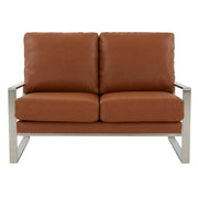 Jefferson Contemporary Velvet/Leather Loveseat with Stainless Steel Frame Leather Gold White Sofa Leisuremod