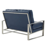 Jefferson Contemporary Velvet/Leather Loveseat with Stainless Steel Frame Leather Silver Navy Blue Sofa Leisuremod