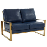 Jefferson Contemporary Velvet/Leather Loveseat with Stainless Steel Frame Leather Gold Navy Blue Sofa Leisuremod