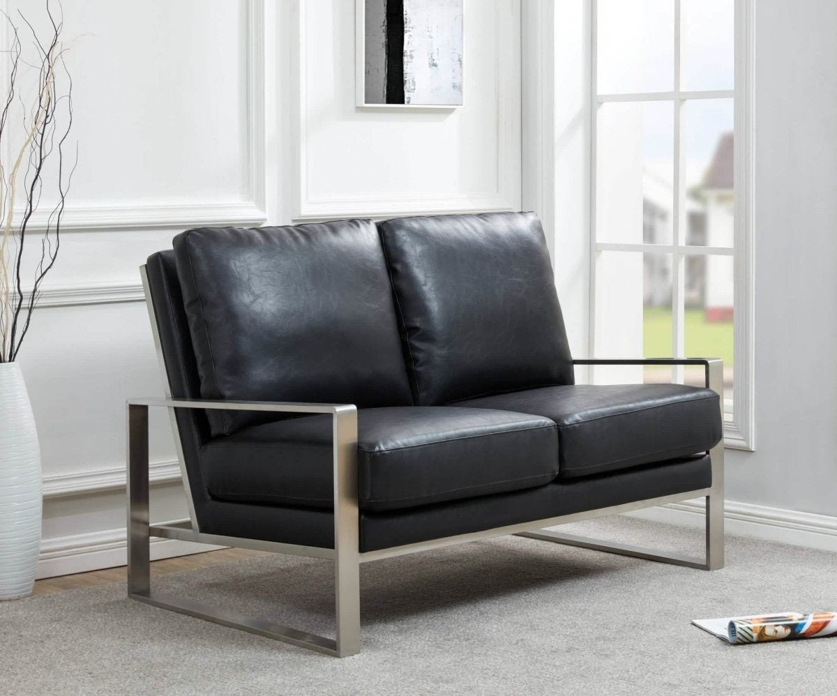 Jefferson Contemporary Velvet/Leather Loveseat with Stainless Steel Frame Leather Gold Black Sofa Leisuremod
