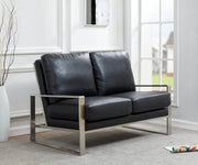 Jefferson Contemporary Velvet/Leather Loveseat with Stainless Steel Frame Leather Gold Black Sofa Leisuremod