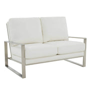 Jefferson Contemporary Velvet/Leather Loveseat with Stainless Steel Frame Leather Silver White Sofa Leisuremod