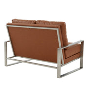 Jefferson Contemporary Velvet/Leather Loveseat with Stainless Steel Frame Leather Gold White Sofa Leisuremod