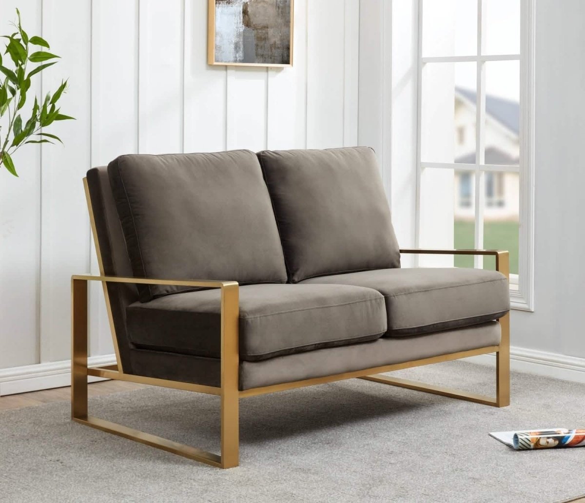 Jefferson Contemporary Velvet/Leather Loveseat with Stainless Steel Frame Velvet Gold Orange Sofa Leisuremod
