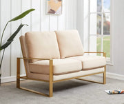Jefferson Contemporary Velvet/Leather Loveseat with Stainless Steel Frame Velvet Gold Beige Sofa Leisuremod
