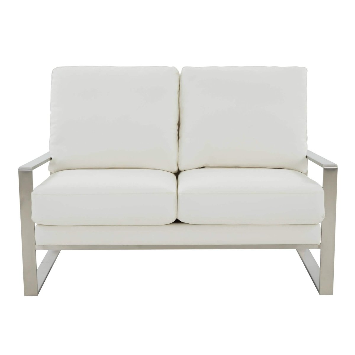 Jefferson Contemporary Velvet/Leather Loveseat with Stainless Steel Frame Leather Silver Navy Blue Sofa Leisuremod