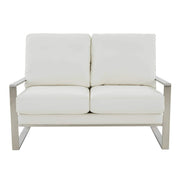 Jefferson Contemporary Velvet/Leather Loveseat with Stainless Steel Frame Leather Silver Navy Blue Sofa Leisuremod