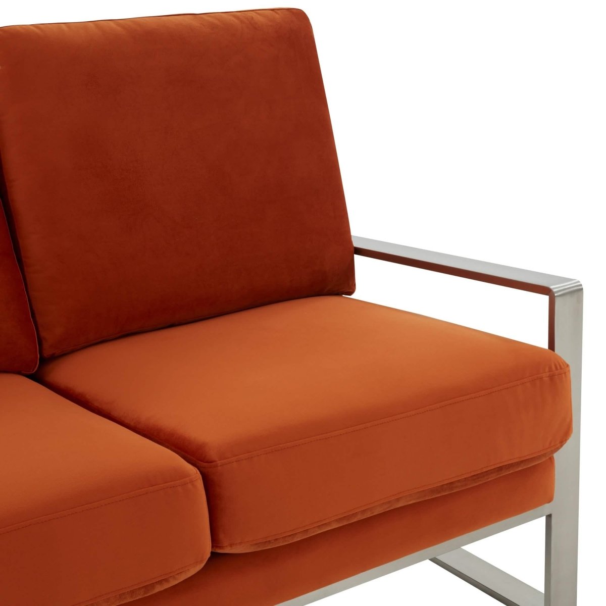 Jefferson Contemporary Velvet/Leather Loveseat with Stainless Steel Frame Velvet Silver Orange Sofa Leisuremod